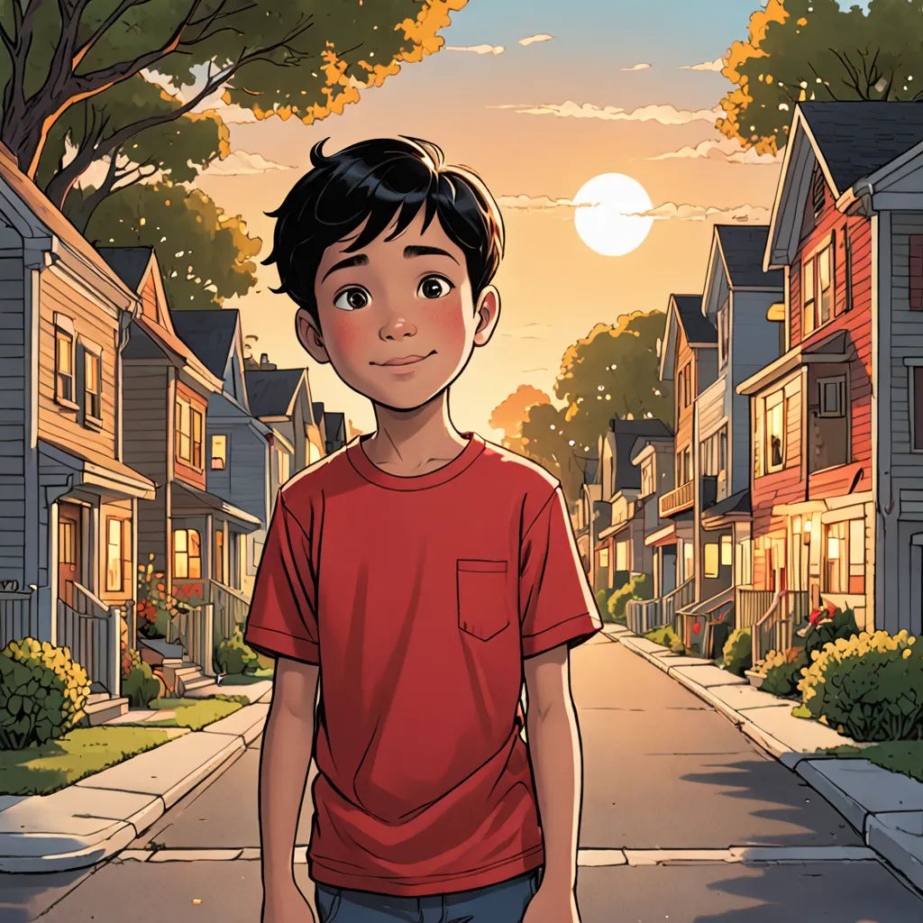 a boy standing on a street with a red shirt on and a red shirt on his chest and a red shirt on his chest, vancouver school, a comic book panel, Asaf Hanuka, comic cover art