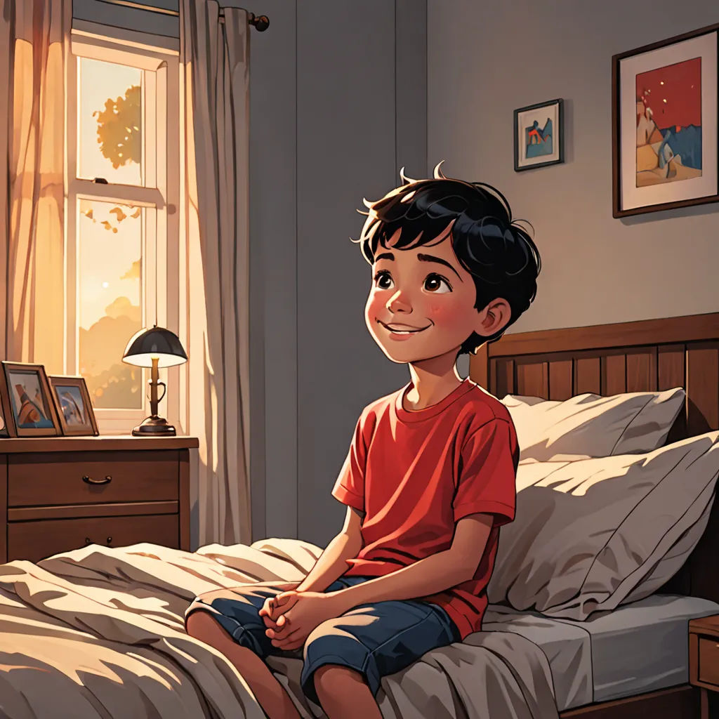 a boy sitting on a bed in a bedroom with a window and a lamp on the nightstand next to him, american scene painting, a storybook illustration, Diego Gisbert Llorens, storybook illustration