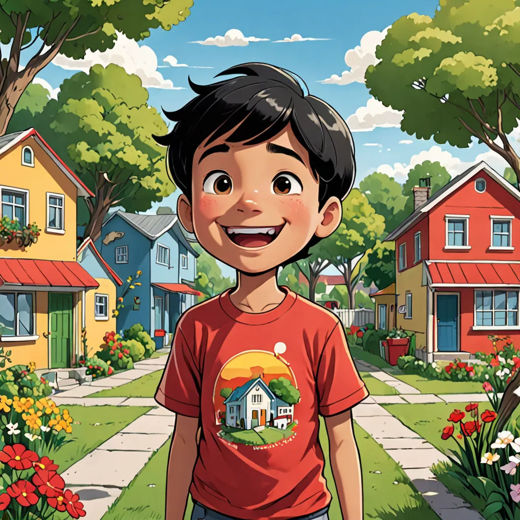 a boy standing in front of a neighborhood with houses and flowers on the ground and a tree in the background, vancouver school, a comic book panel, Cliff Childs, comic cover art