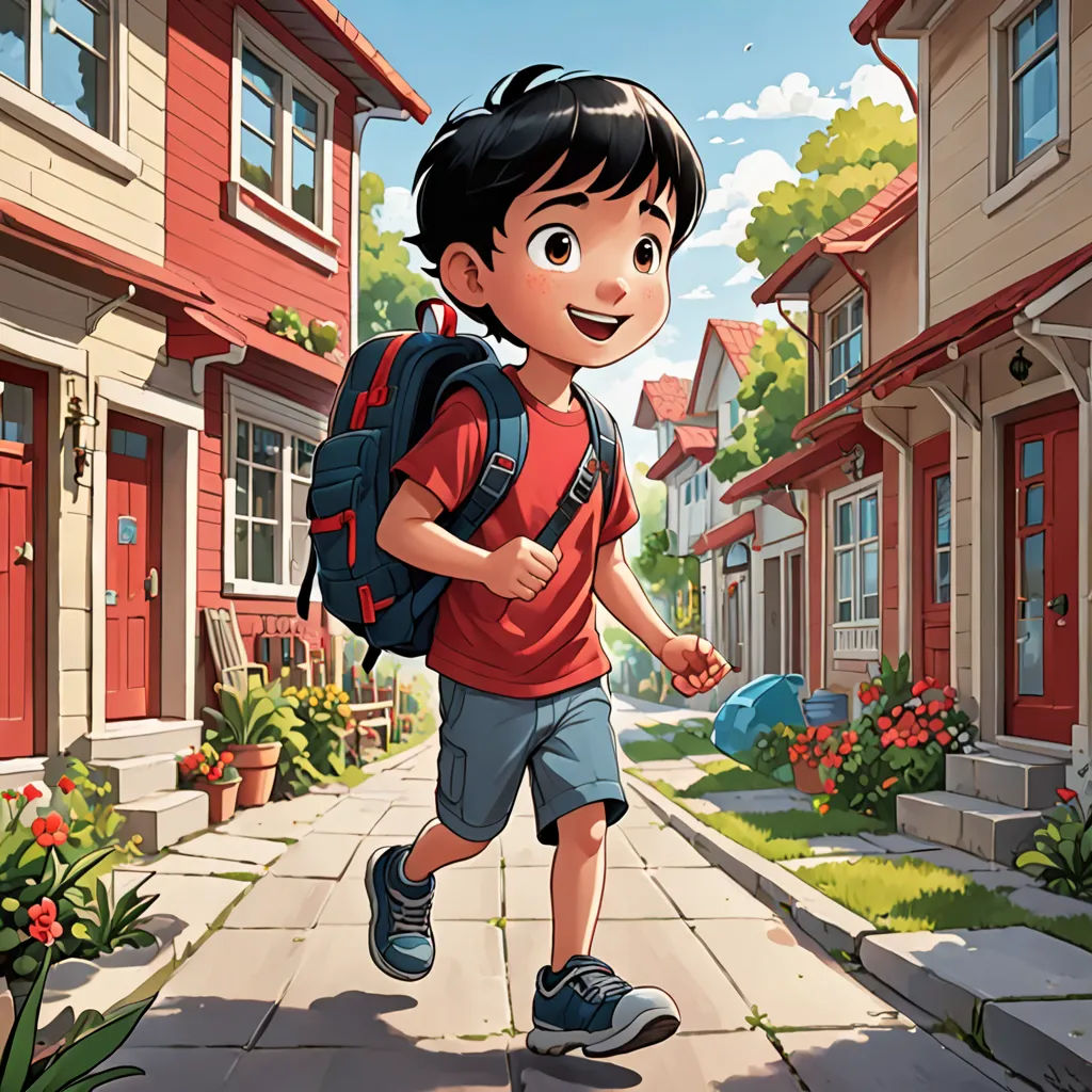 a boy with a backpack is walking down a street in a cartoon style, with a house in the background, american scene painting, a storybook illustration, Chris LaBrooy, official art