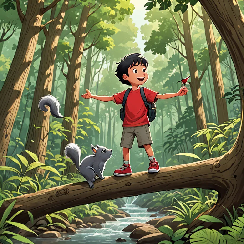 a boy standing on a tree branch in a forest with a squirrel and a squirrel on it's back, environmental art, a storybook illustration, Cliff Childs, promotional image