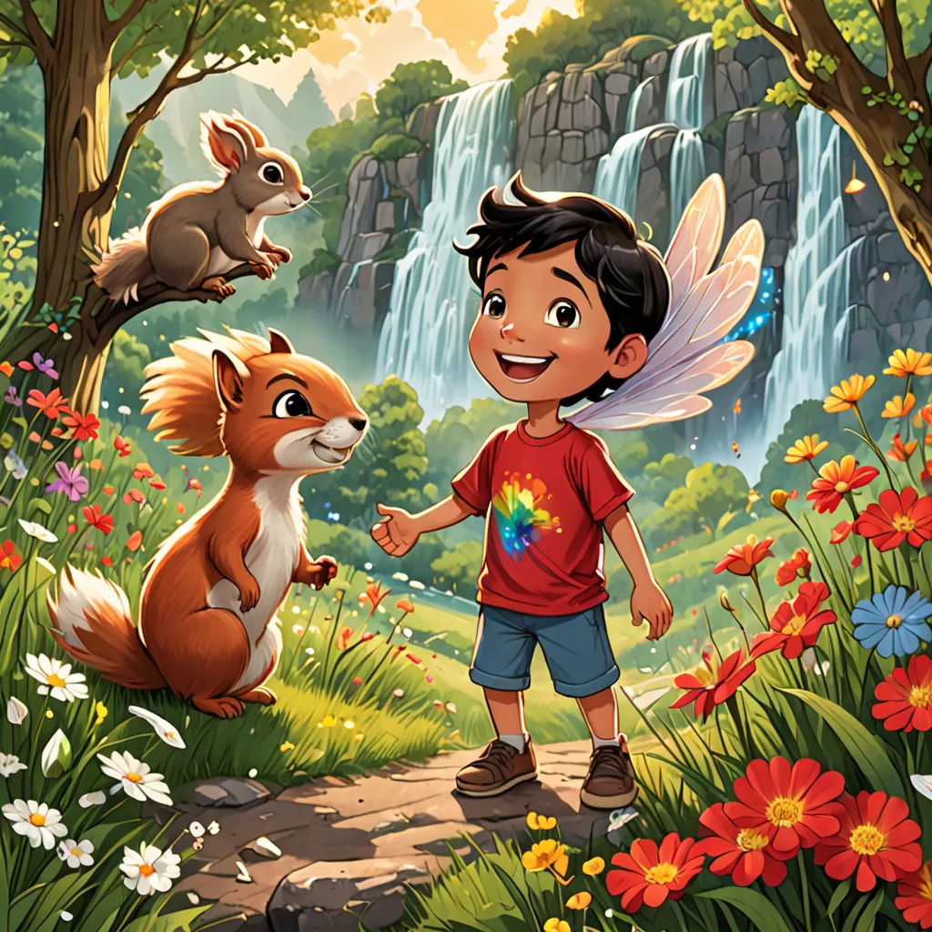a boy and a squirrel are in the forest with a waterfall and a waterfall behind them, and a rainbow in the sky, fantasy art, a storybook illustration, Cliff Childs, promotional image