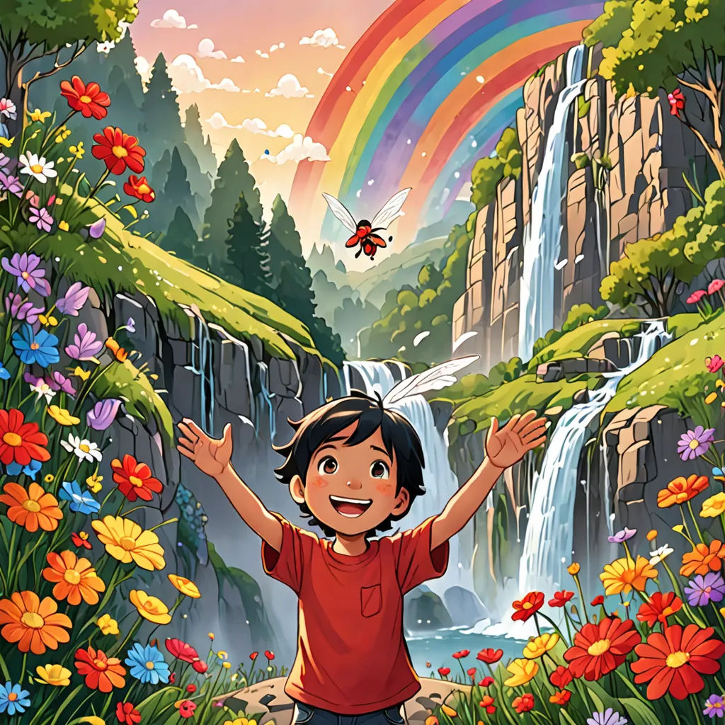 a boy standing in a field with a waterfall and a rainbow in the background with flowers and a butterfly flying over him, color field, a storybook illustration, Cliff Childs, official art
