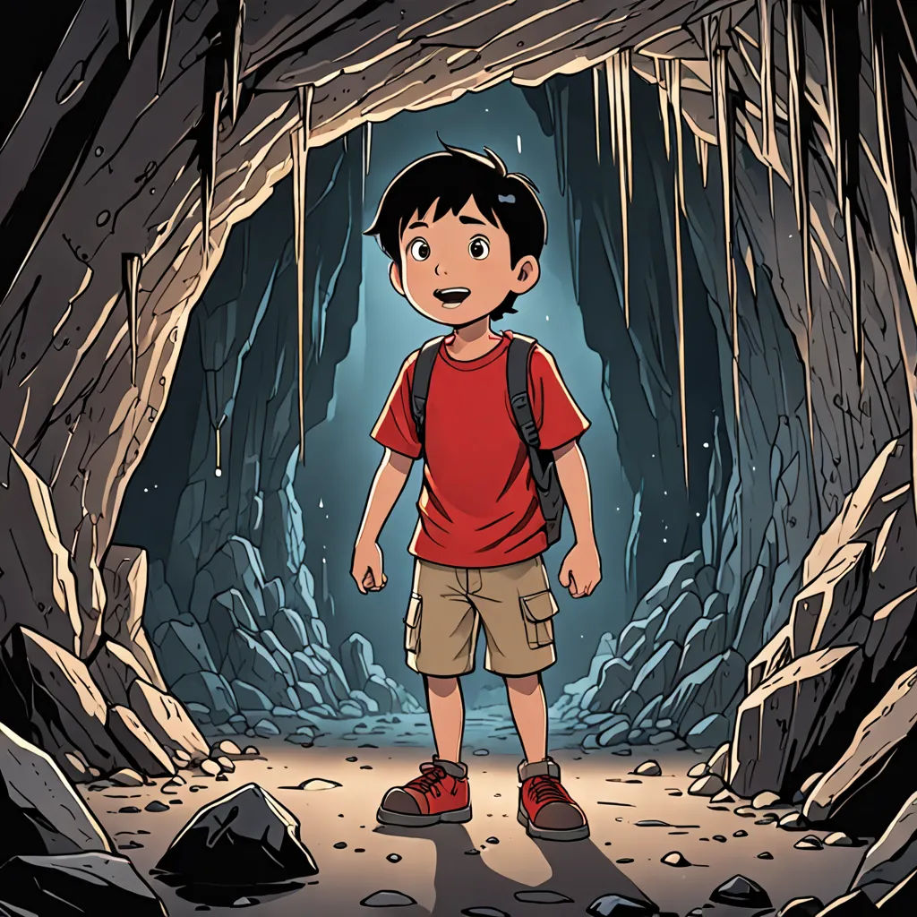 a boy standing in a cave with a backpack on his shoulder and a red shirt on his shirt and a red shirt on, underground comix, a storybook illustration, Diego Gisbert Llorens, comic cover art