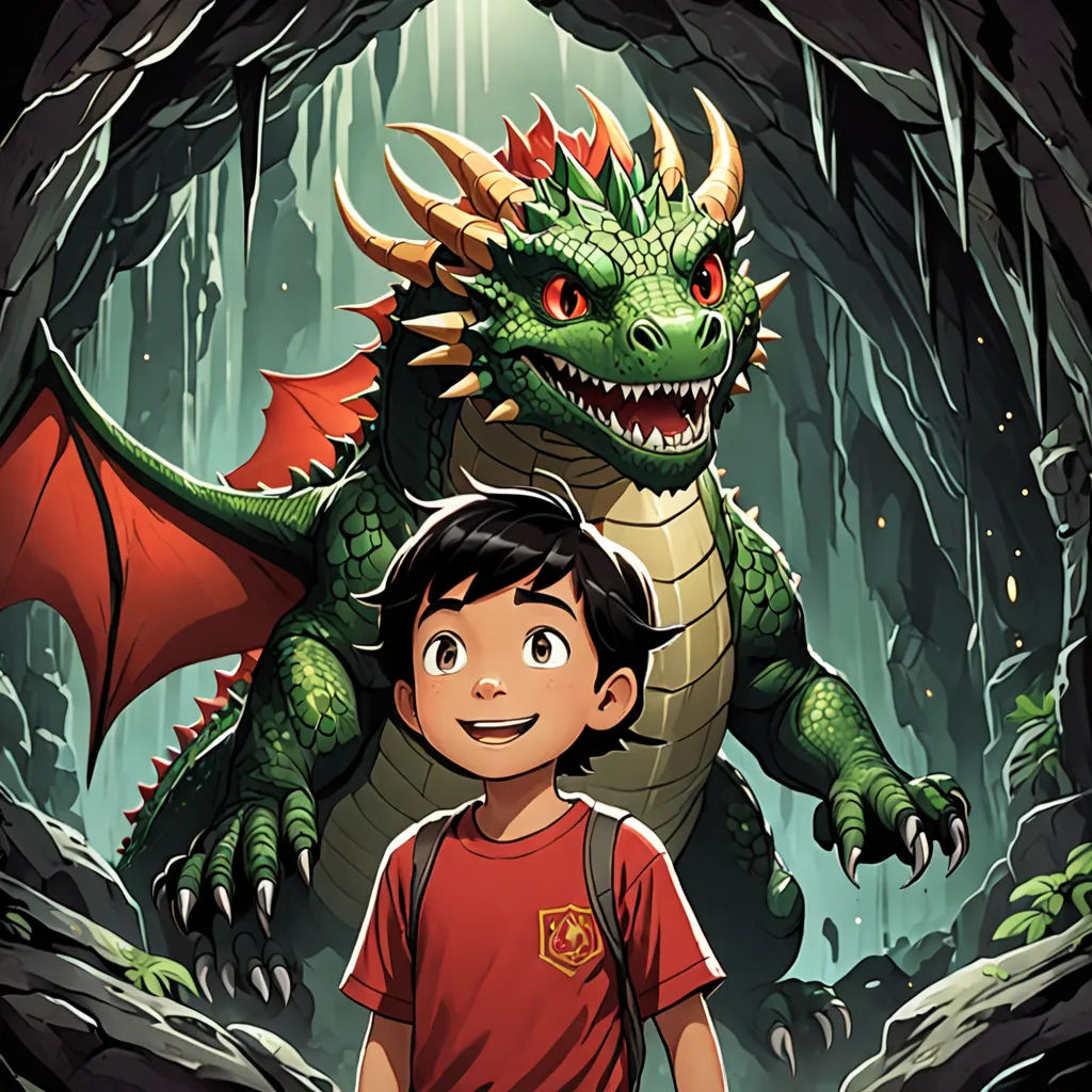 a boy standing next to a dragon in a cave with a red shirt on and a red backpack on, fantasy art, a storybook illustration, Cliff Childs, comic cover art