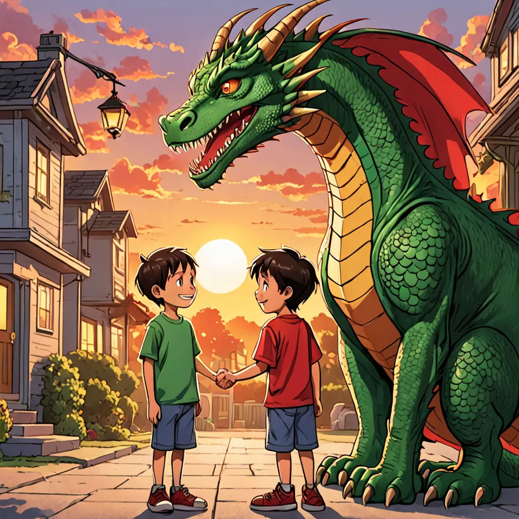 a boy and a boy are standing next to a dragon on a street with a sunset in the background, magical realism, a storybook illustration, Brothers Hildebrandt, storybook illustration