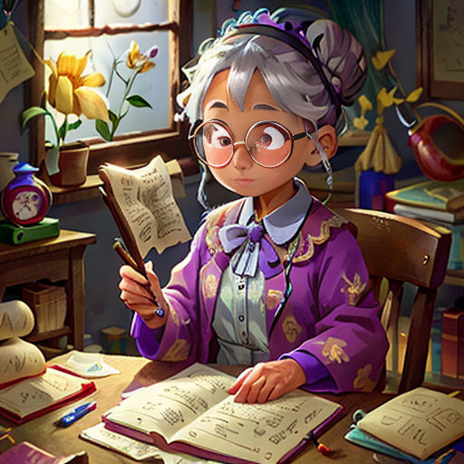 a girl sitting at a table with a book and a magnifying glass in her hand and a book in her other hand