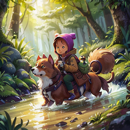 a girl riding a dog through a forest on a riverbank with a forest background and sunlight streaming through the trees