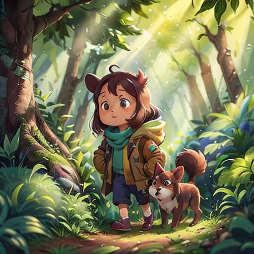 a girl and her dog in the woods with sunlight streaming through the trees and leaves on the ground,