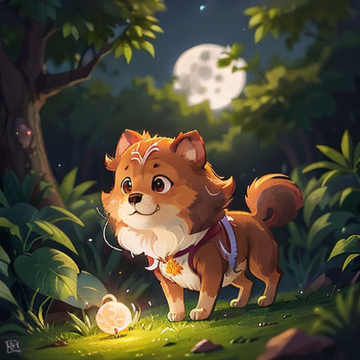 a dog standing in the middle of a forest with a moon in the background and a tree with leaves