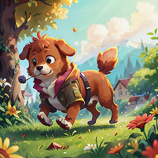 a dog running through a forest with a backpack on it's back and a house in the background