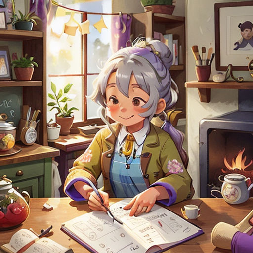 a woman sitting at a table with a book and pen in her hand and a pot of flowers in the background