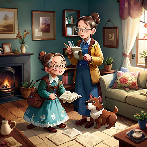 a woman and a child are in a living room with a dog and a fireplace and a dog is looking at a book