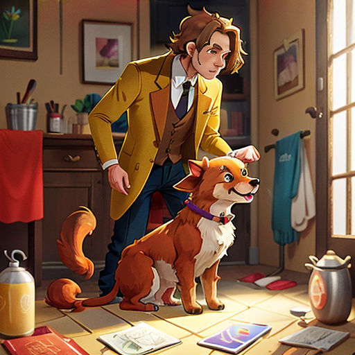 a man in a yellow jacket and tie standing next to a dog on a tile floor in a kitchen