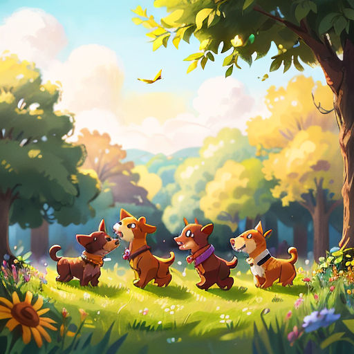 a group of dogs playing in a field of grass and flowers with a tree in the background and a bird flying overhead