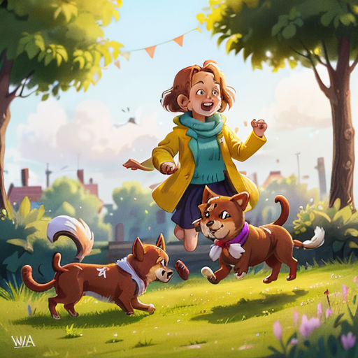 a girl is running with two dogs in a park with a bunting banner in the background and a bunting banner in the foreground