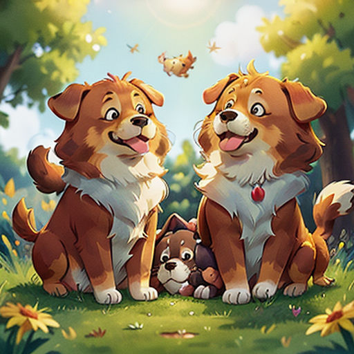 two dogs sitting next to each other in a forest with a butterfly flying overhead above them and a dog sitting next to them
