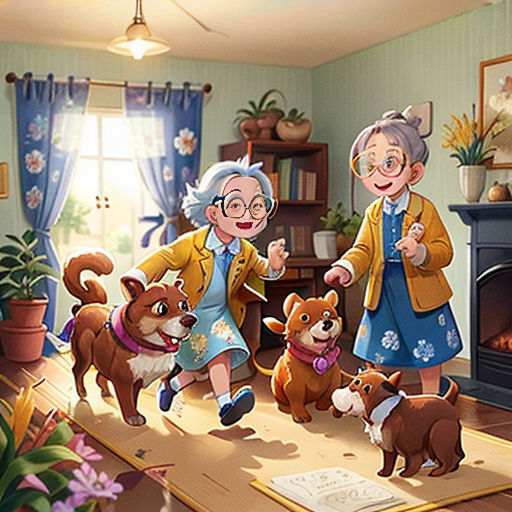 a couple of people that are standing in a room with some dogs and a fireplace in it's corner