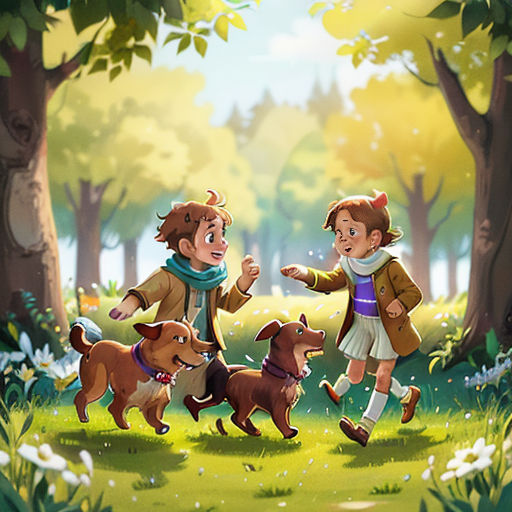 a couple of kids playing with dogs in a forest with trees and flowers in the background, with a dog running behind them