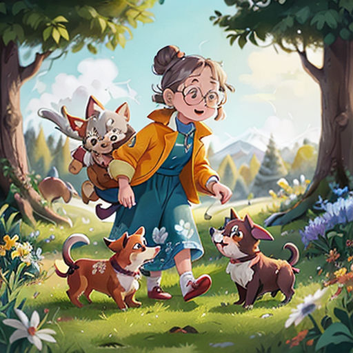 a girl walking through a forest with two dogs and a cat on her back, with a dog on her shoulder