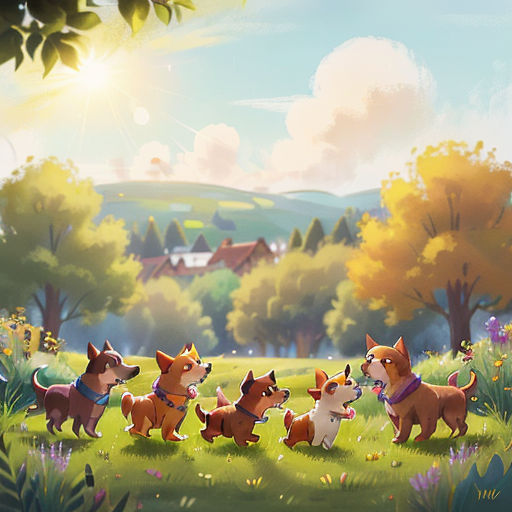 a group of dogs playing in a field of grass and flowers with a house in the background and a sun shining