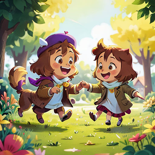 two children are playing in the woods together, one is holding the hand of the other's hand