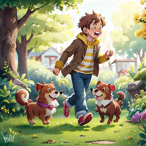 a boy running with his dogs in the park by a tree and flowers on the ground, with a house in the background