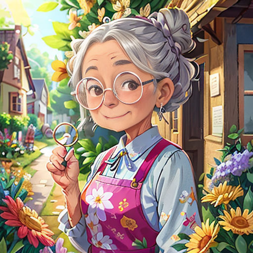 a woman in an apron holding a magnifying glass in front of a flower garden with a house