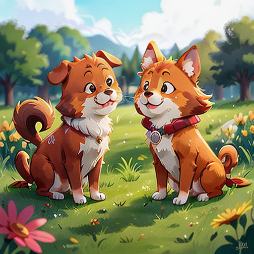 two dogs are sitting in the grass near flowers and trees, one is looking at the other one's face