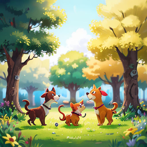 a group of dogs playing in a park with trees and flowers in the background, with a dog chasing a ball