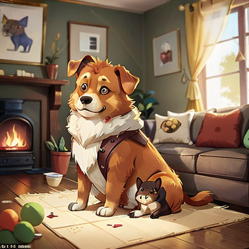 a dog and a cat sitting on a rug in a living room with a fireplace and a cat looking at the camera