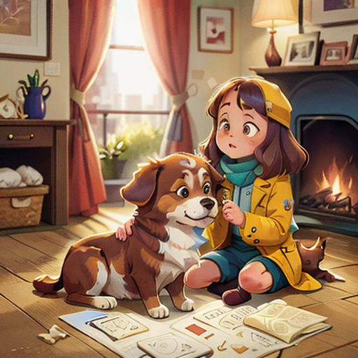a girl and a dog are sitting on the floor in front of a fireplace and a fireplace mantel