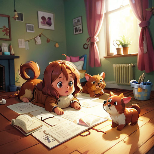 a girl is sitting on a table with a book and two cats in front of her and a cat on the floor
