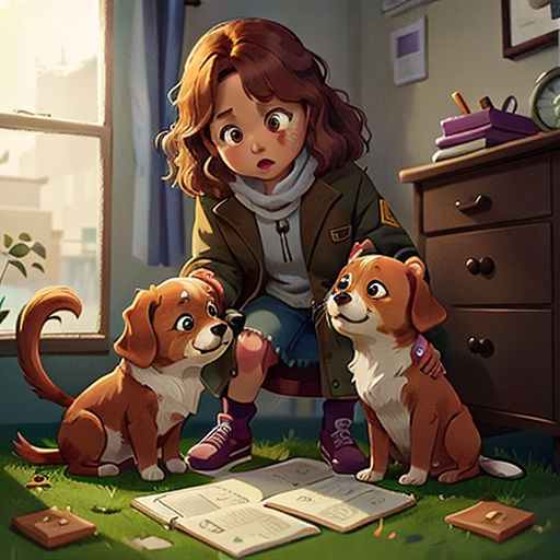 a little girl sitting on the floor with two dogs next to her and a book on the floor next to her