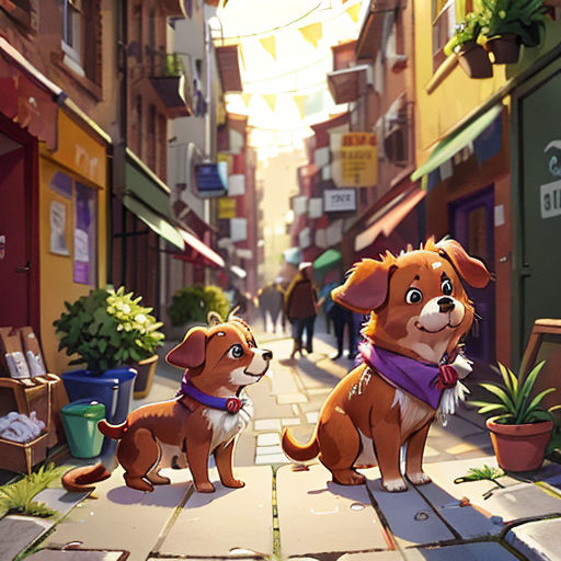 two dogs are standing on a sidewalk in a city street with a building in the background and a person walking down the street