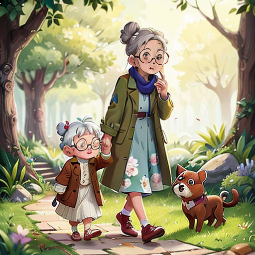 an old woman and a young girl walking through a forest with a dog on a leash and a dog on a leash