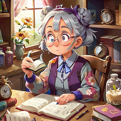 a woman sitting at a table with a book and a clock in front of her and a book in front of her
