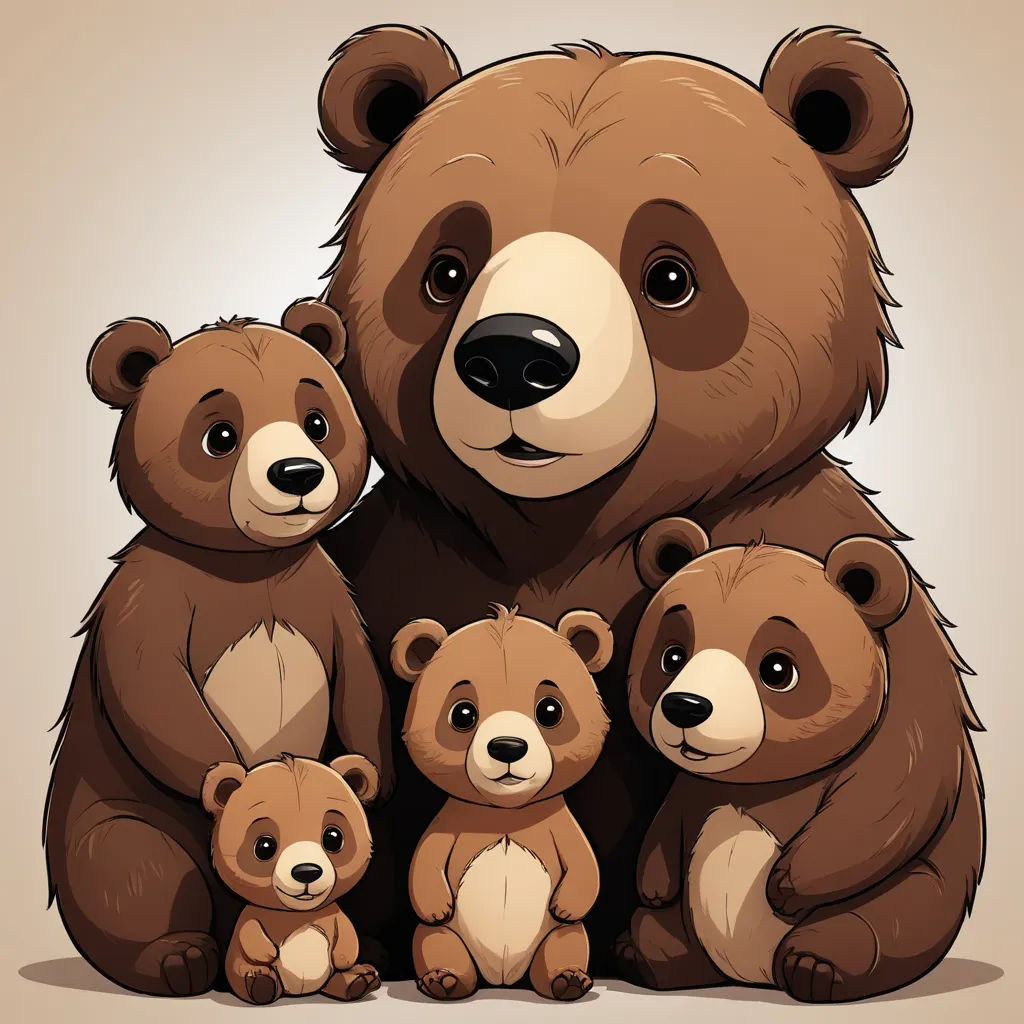 a brown bear with two cubs sitting next to it's mother and two babies on a beige background, furry art, a storybook illustration, Andrey Yefimovich Martynov, cute and funny