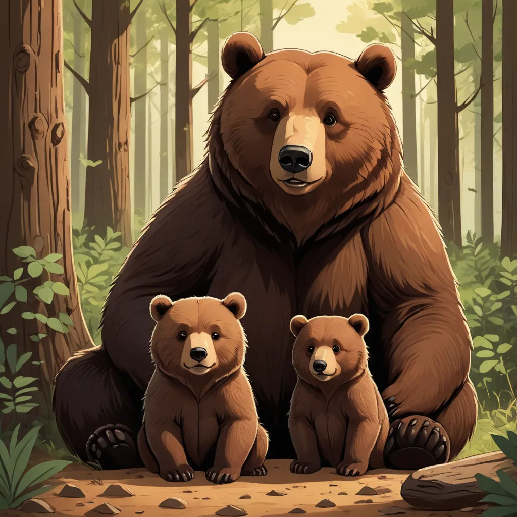 a bear and two cubs sitting in the woods together, with a background of trees and foliage, and a sun shining through the trees, furry art, a storybook illustration, Dan Mumford, trending on art station
