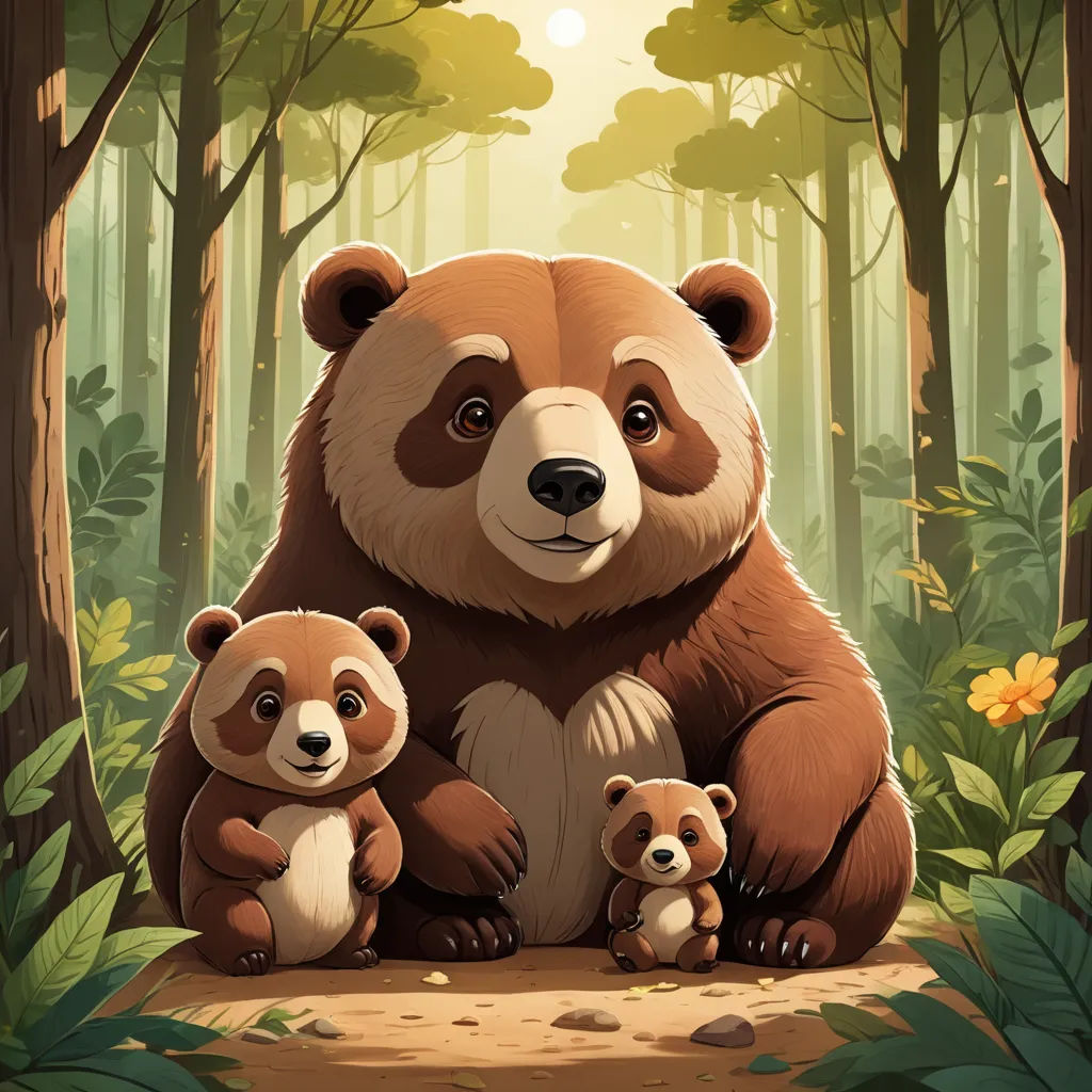 a bear and her two cubs in a forest scene with sun shining through the trees and leaves on the ground, furry art, a storybook illustration, Chris LaBrooy, trending on art station