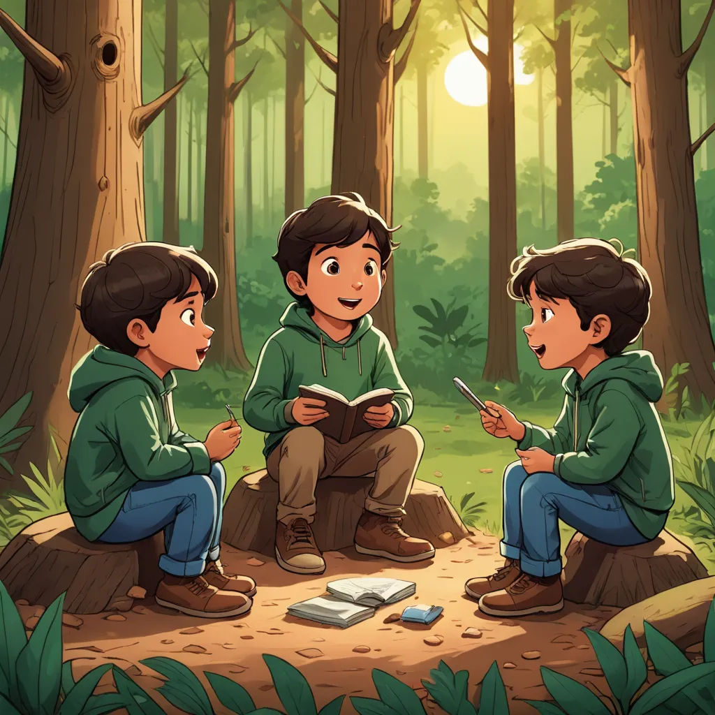 three boys sitting in the woods reading a book and looking at a cell phone while the sun is setting, sots art, a storybook illustration, Diego Gisbert Llorens, storybook illustration