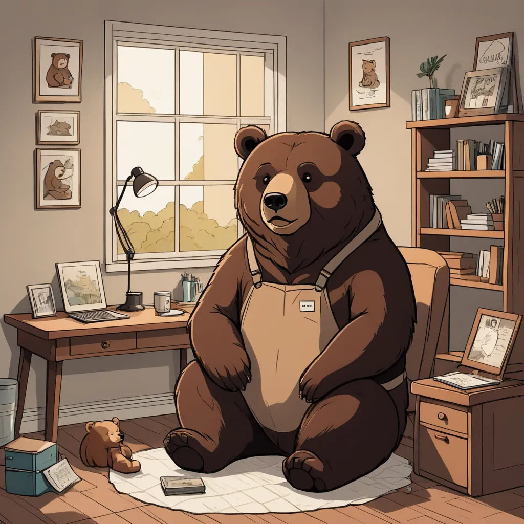 a large brown bear sitting on top of a wooden floor next to a desk and a window with a lamp, furry art, a storybook illustration, Chris LaBrooy, trending on art station