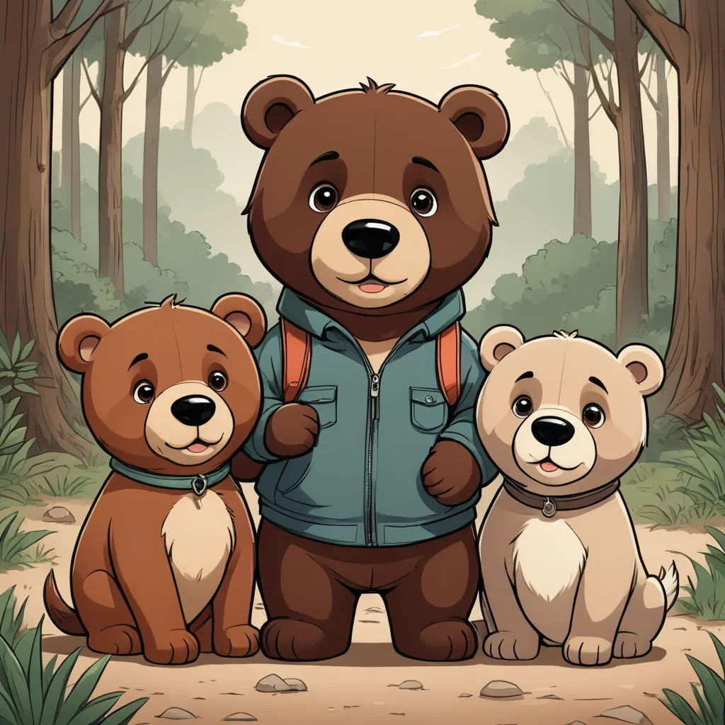 a bear with three cubs standing in the woods with trees and grass behind him, and a forest background, furry art, a storybook illustration, Diego Gisbert Llorens, storybook illustration
