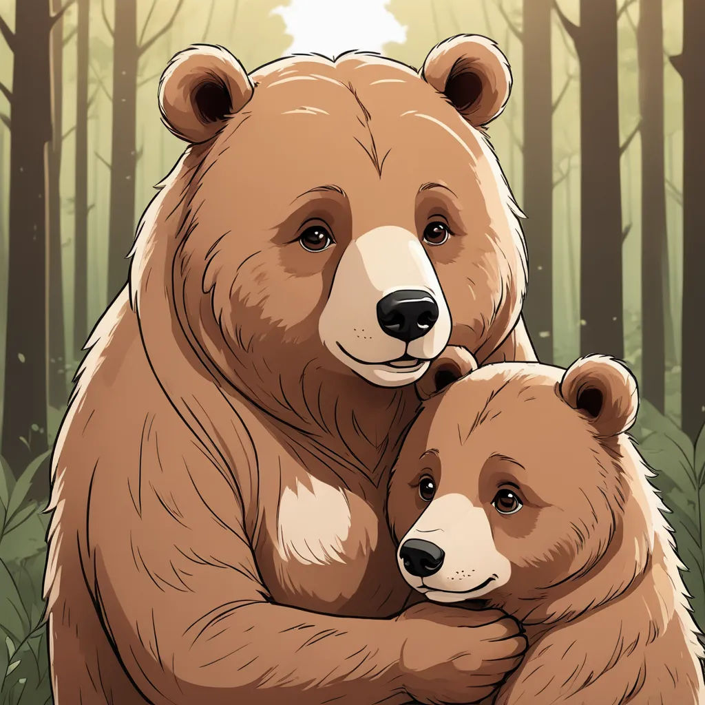 a bear hugging a bear cub in a forest with trees in the background and sun shining through the trees, furry art, a storybook illustration, Andrey Yefimovich Martynov, storybook illustration