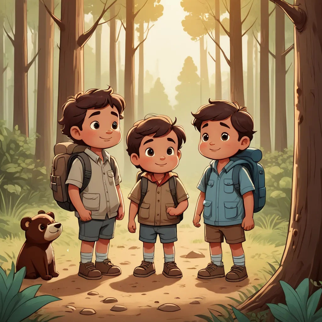 three boys standing in the woods with a bear nearby illustration by alex krautt, via flickon, sots art, a storybook illustration, Diego Gisbert Llorens, official art