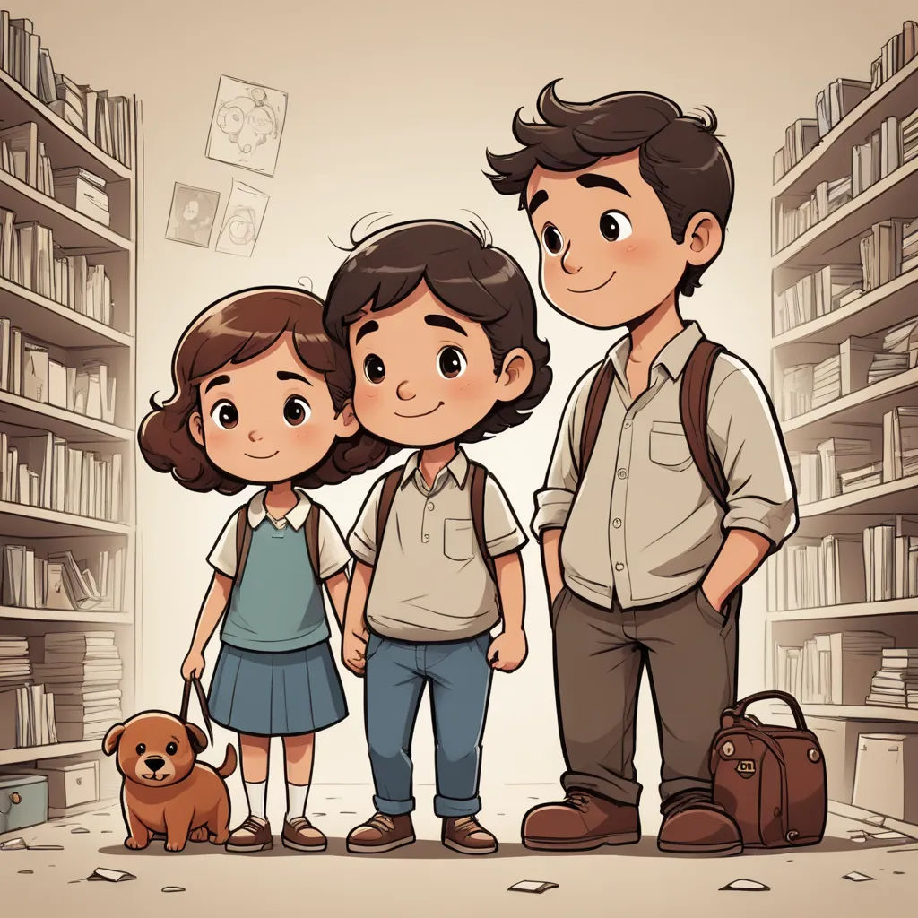 a family standing in a library with a dog and a backpack on their shoulders and a dog on the ground, process art, a storybook illustration, Diego Gisbert Llorens, storybook illustration