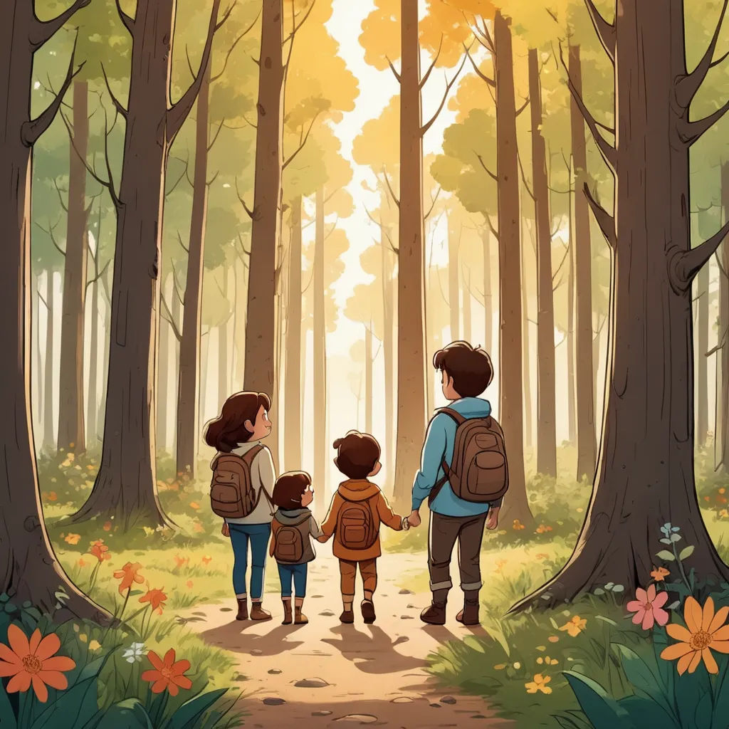a family of three walking through a forest holding hands and looking at the sun through the trees with the sun shining through the trees, process art, a storybook illustration, Atey Ghailan, key art