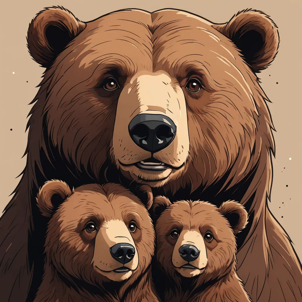 a bear with two cubs on his chest, with a brown background and a beige background, with a brown background, furry art, an album cover, Dan Mumford, josan gonzales and dan mumford