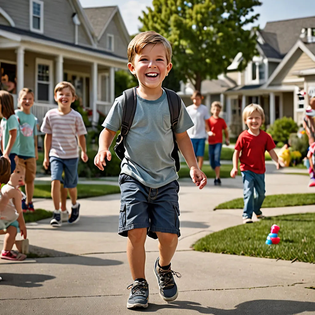 a group of children are playing outside on a sidewalk in front of houses and a house with a number of children, vancouver school, a stock photo, Arlington Nelson Lindenmuth, promotional image