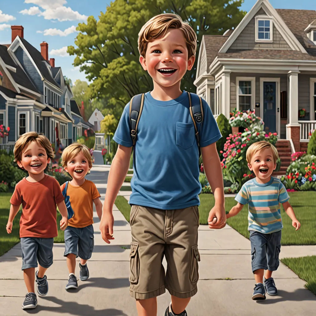 a group of children walking down a sidewalk in front of a house with a dog and a cat on the sidewalk, american scene painting, a storybook illustration, Brothers Hildebrandt, highly detailed digital painting